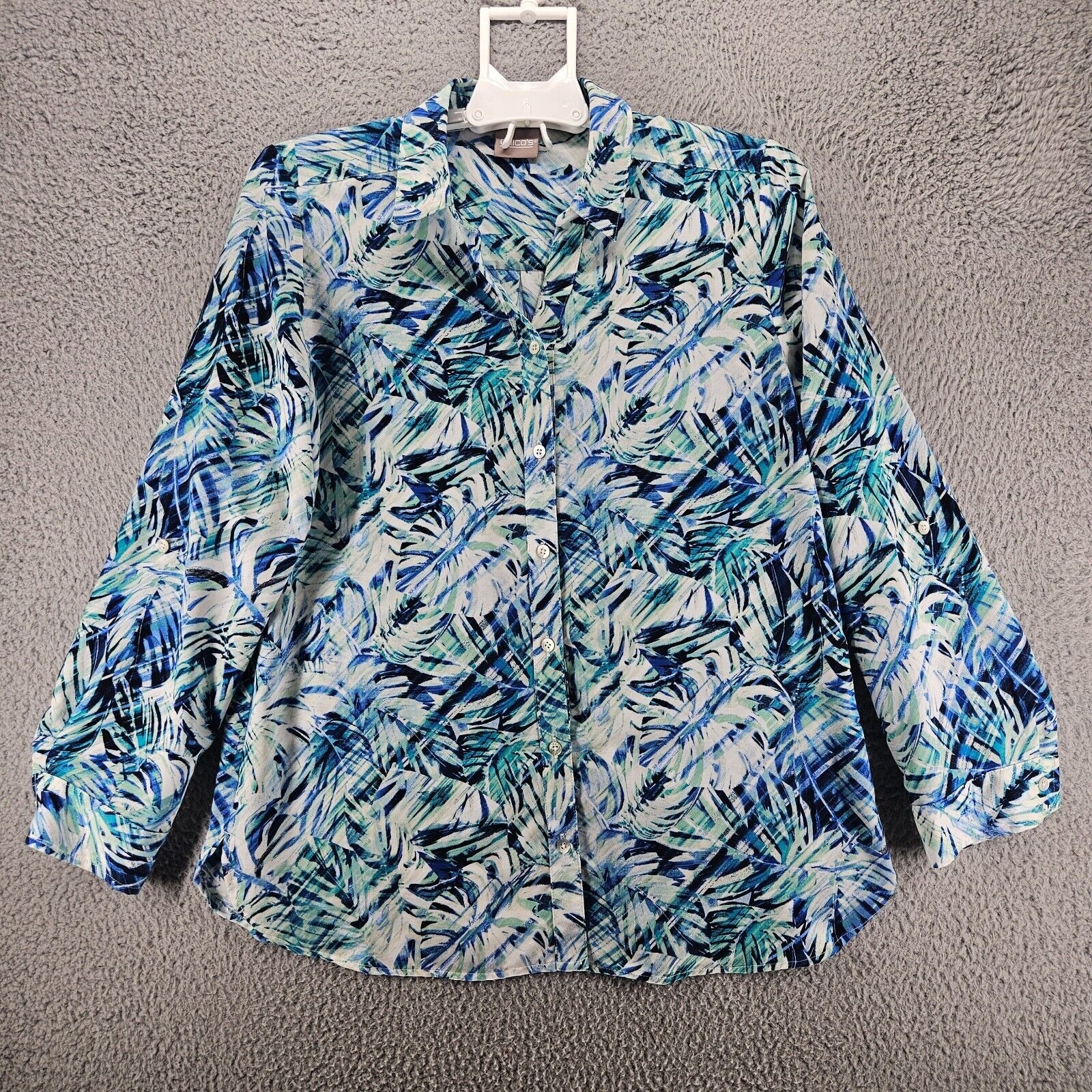 Chico's Shirt Women's Size 1 Button Down Poly Tropical Print Blue Green - Sz 1